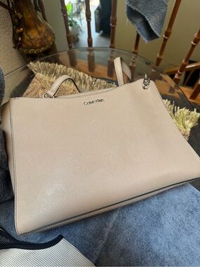 Calvin Klein Taupe Saffiano Tote with Silver Hardware